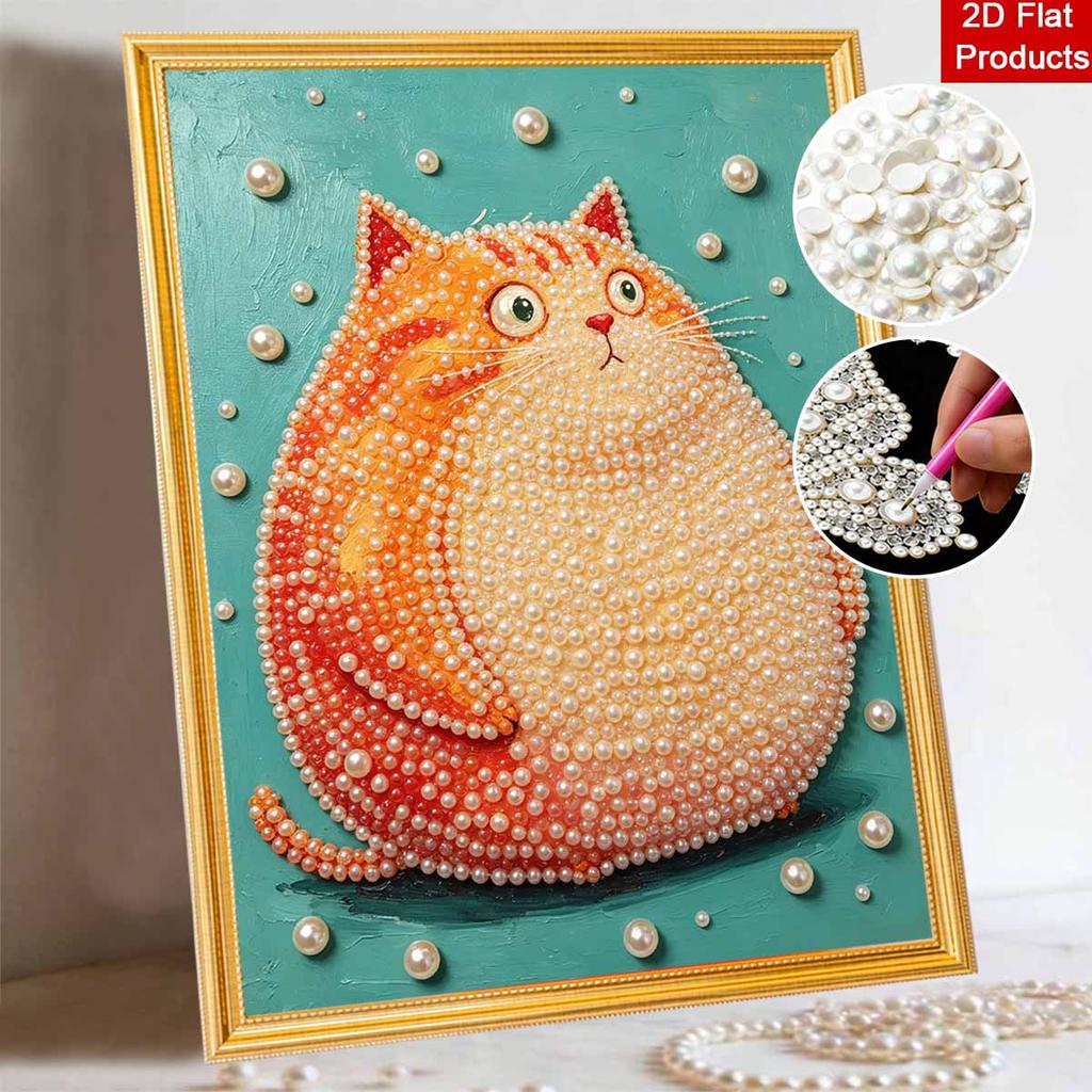 Creative DIY Framed Pearl Art Kit with Cute Fat Orange Cat Pattern Sparkling Bead Canvas Ready to Display Relaxing Gift for Adults