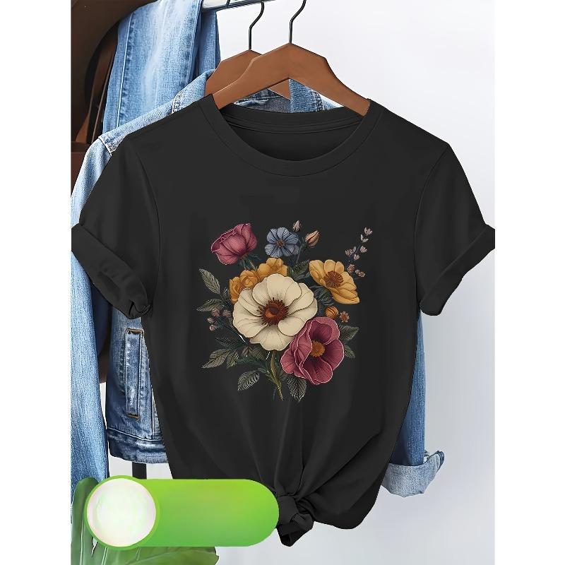 European Size Women's Short-Sleeve Blouse -Elegant Floral Print T-Shirt, Spring/Summer Casual Top,Short-Sleeve Blouse for Weddings, Parties,Daily Wear