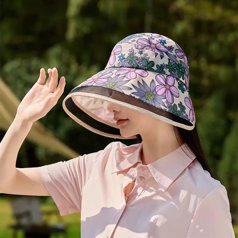Empty Top Breathable Sun Hat Women'S Sun Protection Uv Protection Bucket Hat Mesh Yarn Ethnic Style Printing Hat Versatile