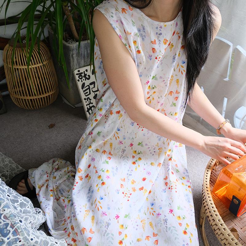 Robe de nuit sans manches en coton et soie pour femme, été, idyllique, ample, grande taille, peut être portée dehors, jupe fishtail en coton artificiel à fleurs