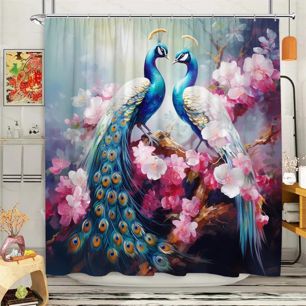 Peacock Shower Curtain Tropical Plant Flower Leaf Landscape Vintage Oil Painting Elegant Polyester Fabric Bathroom Decor Curta