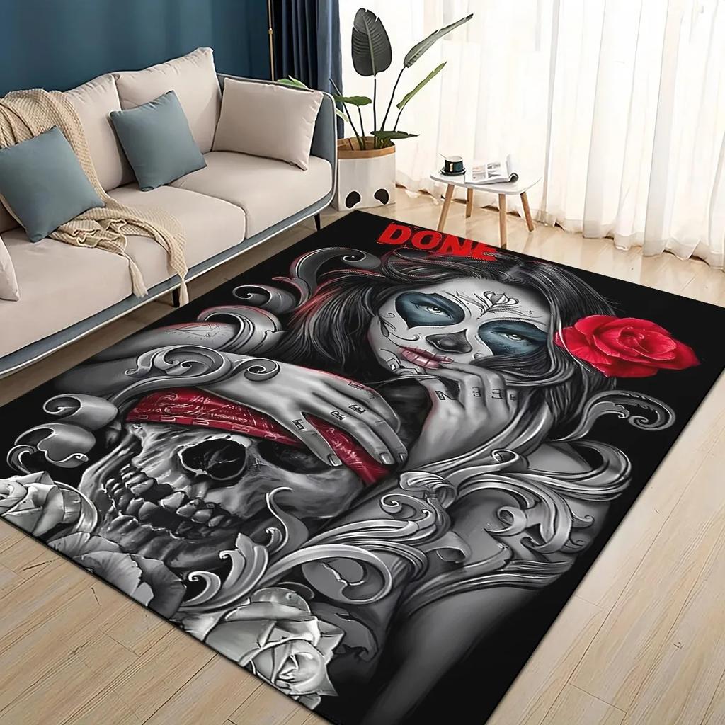 Covor Rug 3D Craniu Gotic Față Trandafir Femeie Desen Animat Groaznic pentru Sufragerie Dormitor Casă Decor Canapea, Covoraș de Podea Antiderapant pentru Copii