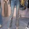 2026 Womens High-Waist Cropped Flare Jeans With Embroidery Cutouts Rhinestone Detail