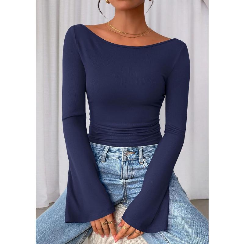 Top da Donna Girocollo Corto Maniche a Svaso Y2k Aderente Versatile Casual Manica Lunga