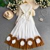 Elegant V-neck Long Sleeve Pleated Dress for Women Orange Red Pearl Trim Belted Waist 3D Flower Hem Midi Dresses Women