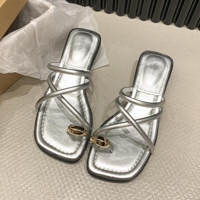 Aphixta Metalen Gesp Dec Dames Teenslippers Zomer Strand Slippers Smalle Band Schuifsandalen Snoepkleur Zoete Slippers Platte Sandalen