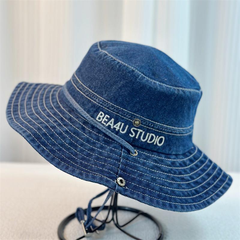 Women Denim Bucket Hat Solid Color Summer Sun Protection Hat Wide Brim Fisherman Cap for Outdoor Travel Beach
