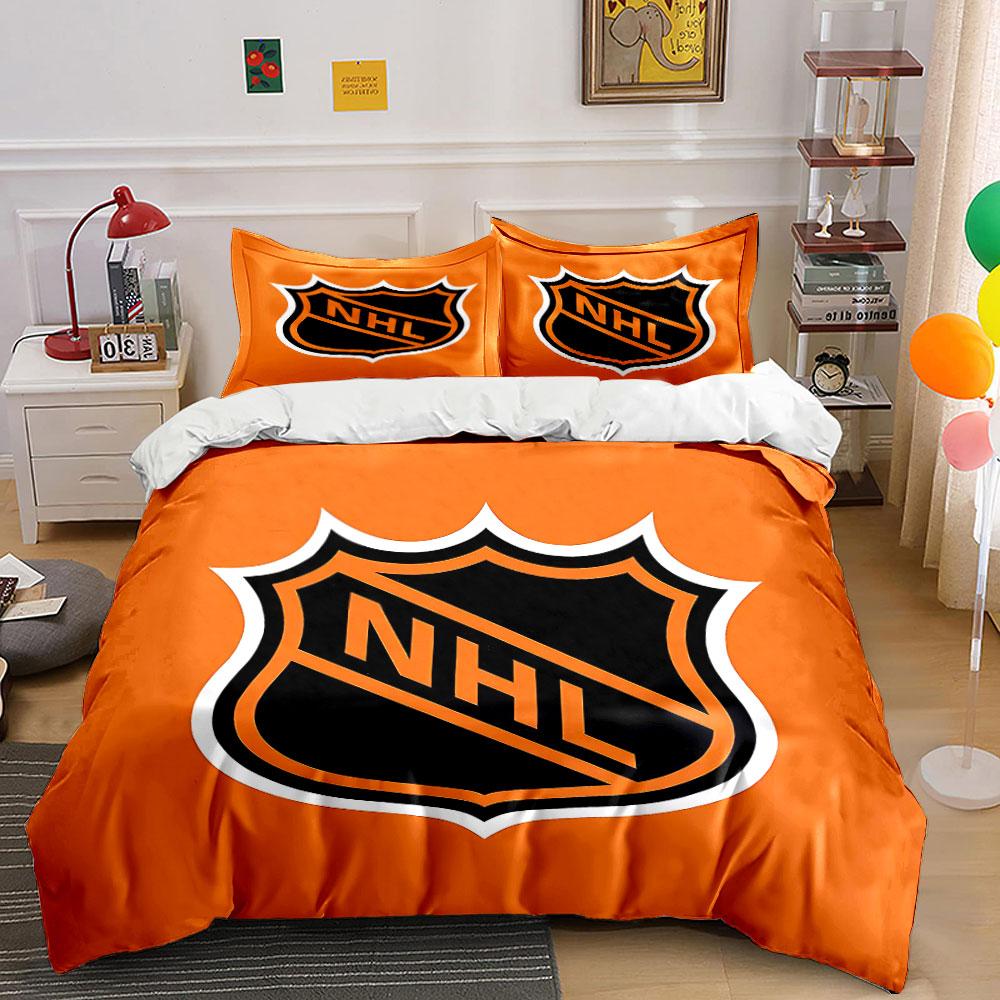Set Biancheria da Letto Logo NHL Arancione Set Copripiumino Copripiumino Federe (1 * Copripiumino 2 * Federe, senza piumino)