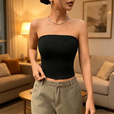 Damen Top Trägerlos Schulterfrei Bandeau Tube Top Einfarbige Elastisches Gewebe Taillenformende Tops Tägliche Kleidung