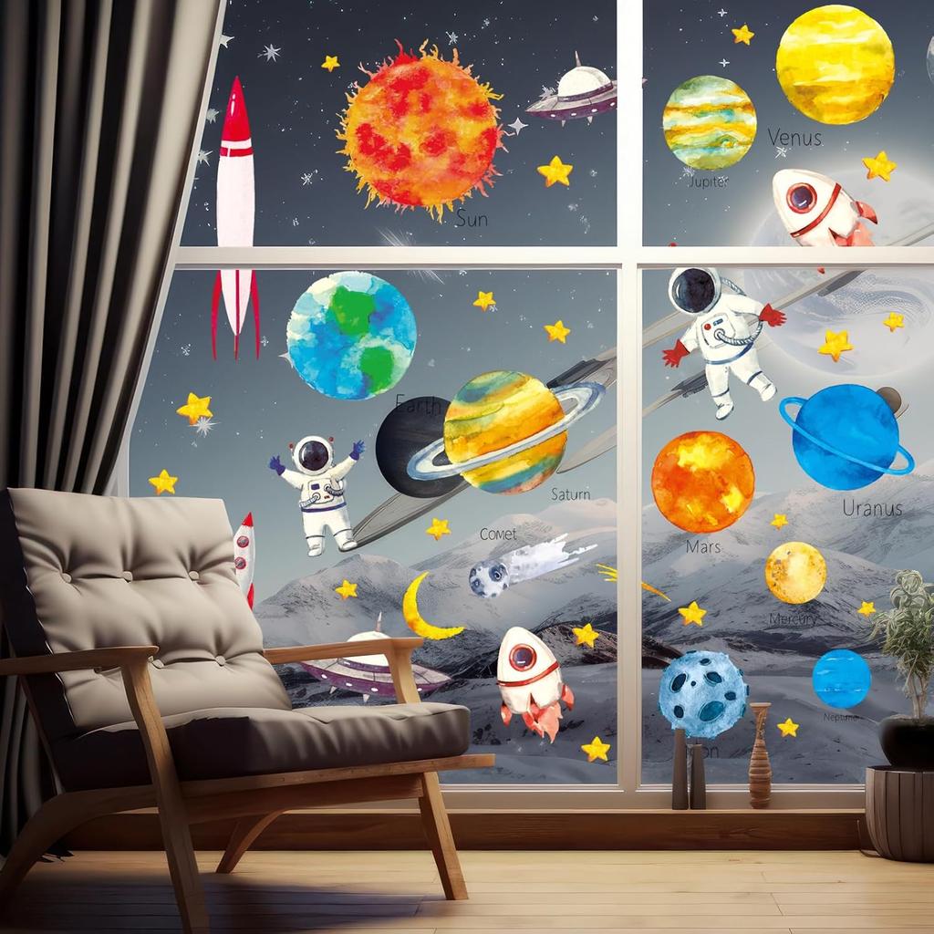 Whaline 6 Sheet Outer Space Window Clings Space Astronaut Spacecraft Rockets Solar System Window Stickers Out of Window Decals for Bedroom Nursery