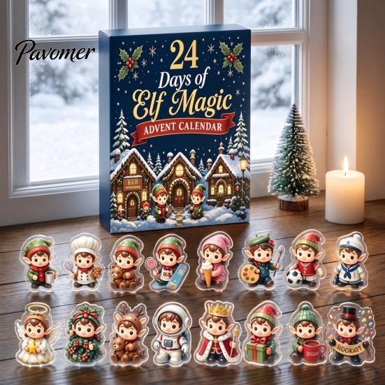 Christmas Decorative Hanging Charms Magic Elf Advent Calendar, 24 Day Acrylic 2D Ornament Set with Durable Holiday Patches Cute Mini Figures,