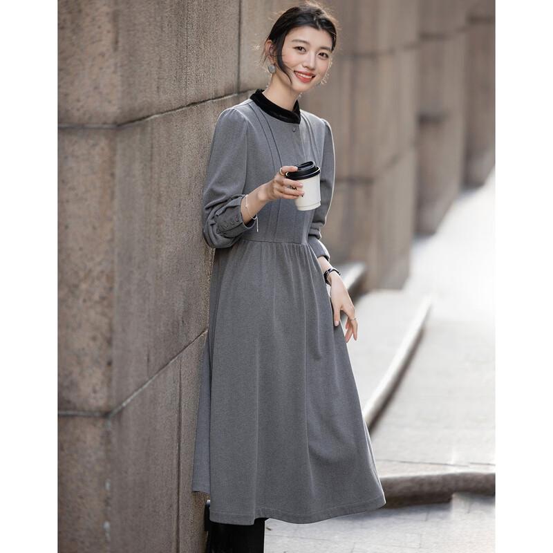 Demana Winter Color-Block Stand Collar Puff Sleeve A-Line Dress