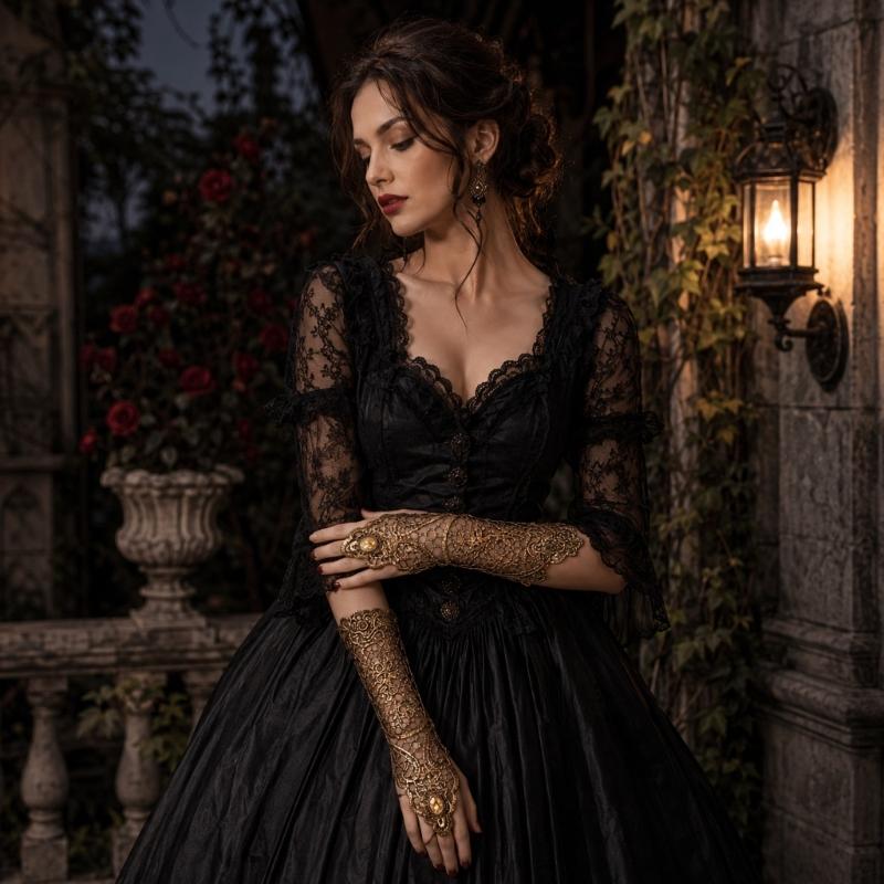 Retro-Inspired Gold Lace Gloves with Fingerless Form, Round Hand Accent, and Extended Cuffs for Evening Event