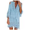 Boho Lace Mini Dress Women Fashion V Neck Three Quarter Sleeve Tassel Dress