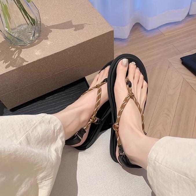 Grape Mom Huizhou Women's Shoes 2025 Spring and Summer Sparkling Rhinestone Flat Shoes Knot Flip-flops Sandals Women's Fashion