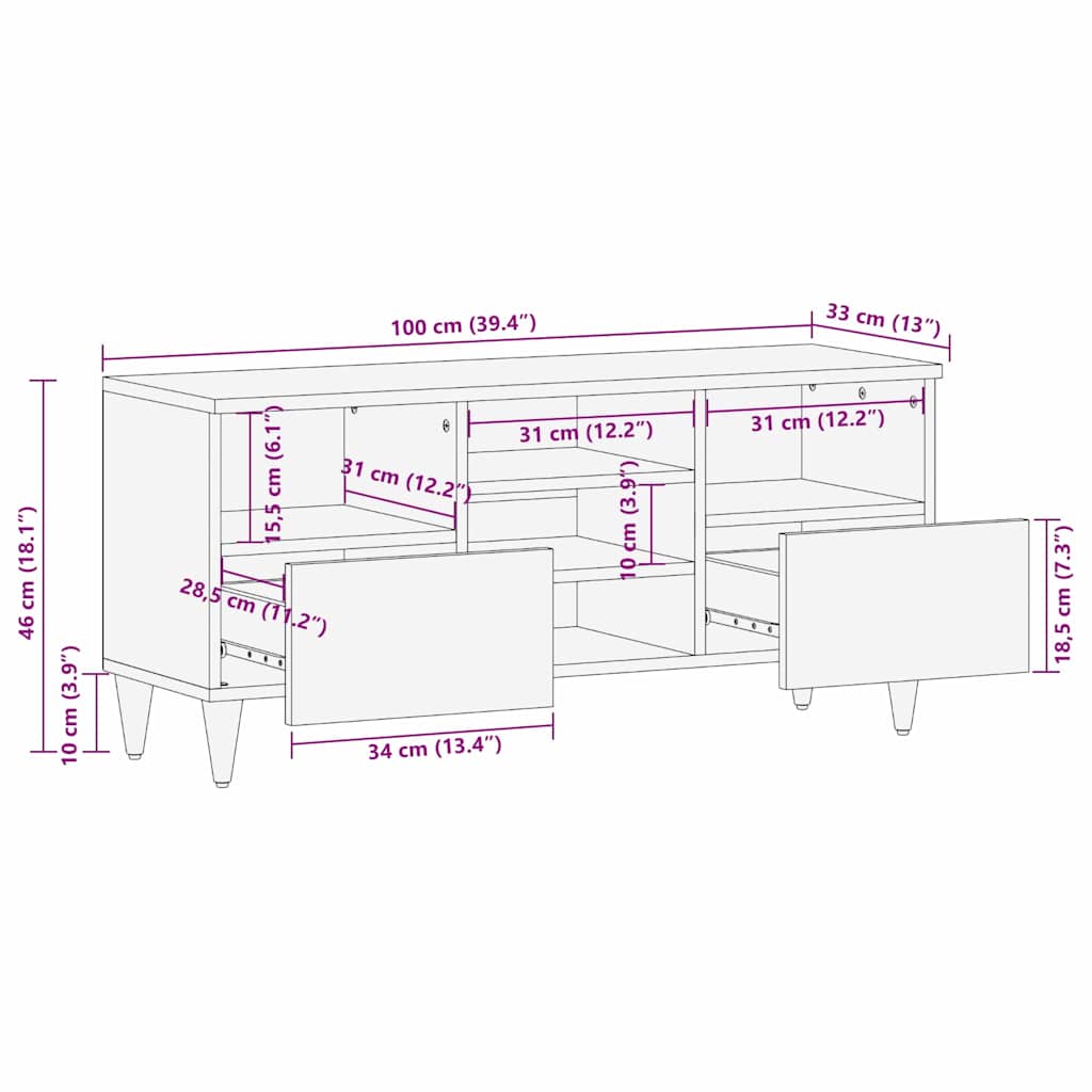TV Stand Honey Brown 100 x 33 x 46 cm Solid Mango Wood
