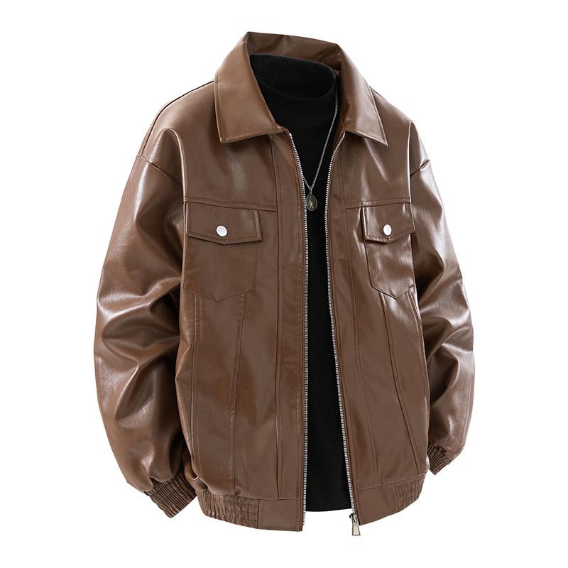 Men's Lapel Leather Jacket Men's Spring and Autumn American Trend Joker Multi-pocket Pu Leather Jacket Jacket
