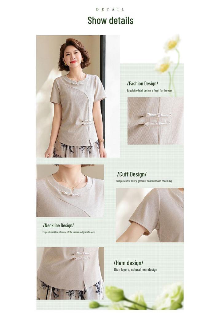 Elegant Summer 2026 Midi Skirt and Short-Sleeved T-Shirt Set for Middle-Aged and Elderly Women