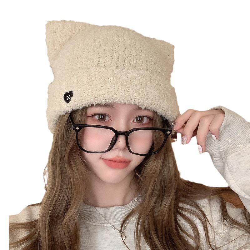 Hat for Women In Autumn and Winter Wool Rolls Love Embroidery Knitted Hat Warm Cute Ear Wool Hat Women Cold Hat