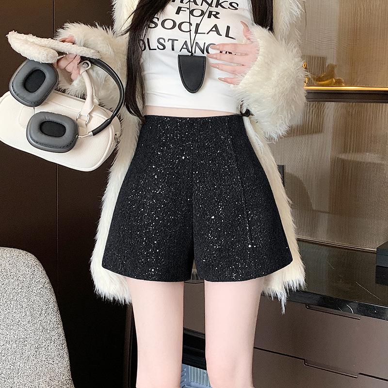 Black Woolen High Waist Women's Booty Shorts - Autumn Winter 2024 Korean Style Slim Fit Straight-Leg Shorts