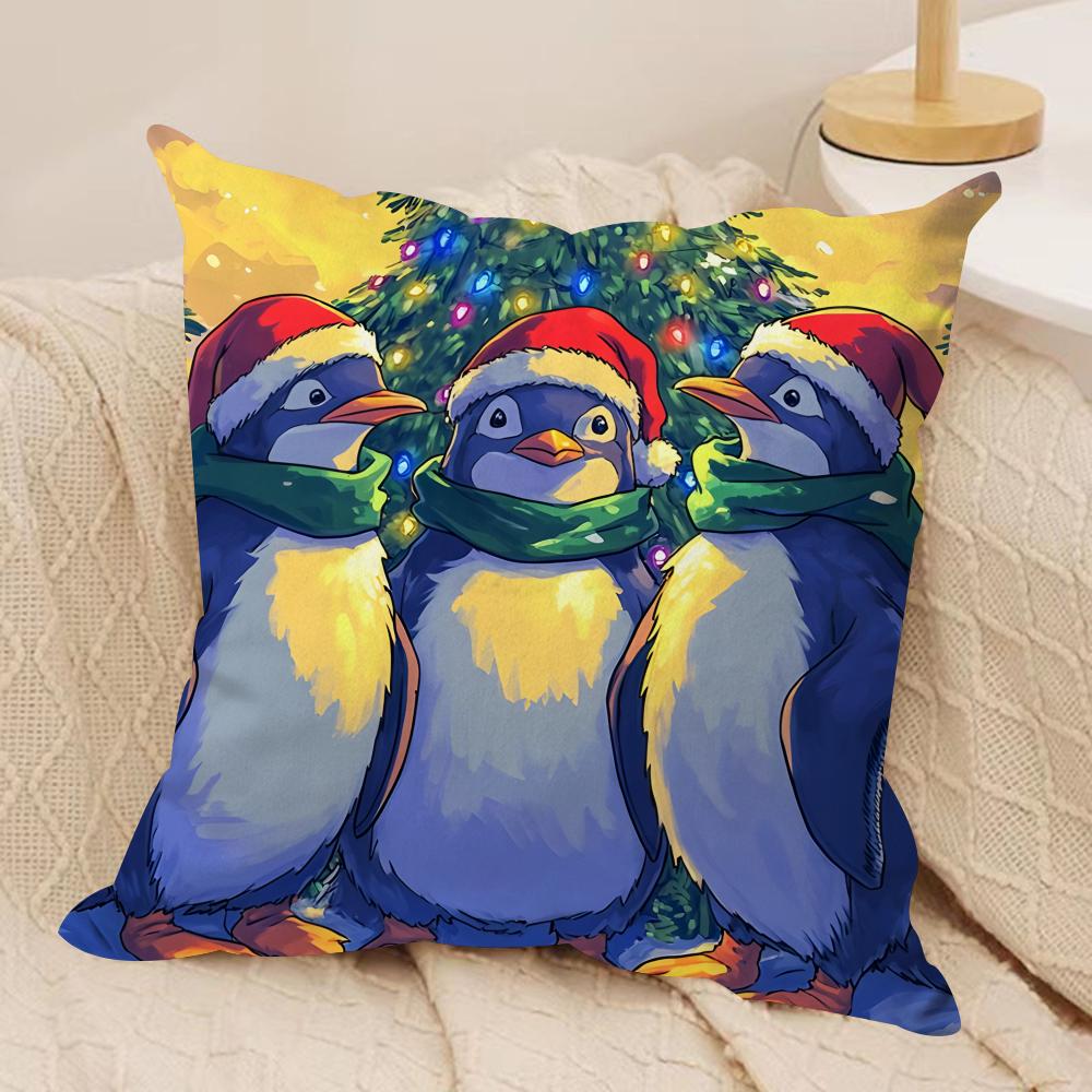 Cute Colorful Penguin Cushion Cover Silky Short Plush Invisible Zipper Dustproof Sofa Pillow Case For Home Decor