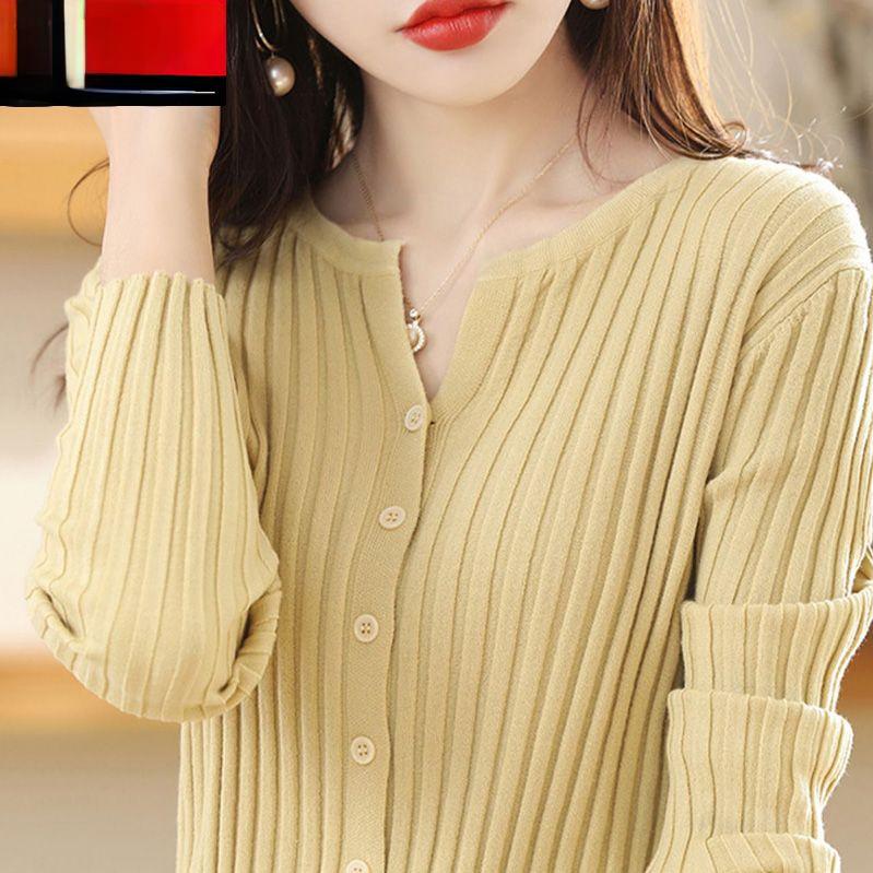 Langärmiger Damenpullover Strickwaren Strickjacke O-Ausschnitt Strickjackenpullover Mantel für Frühling und Herbst