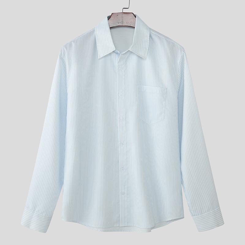 INCERUN Oversized Men Lapel Neck Long Sleeve Striped Casual Buttons Up Shirts