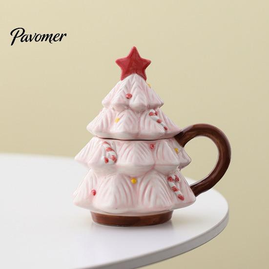 Christmas Tree Coffee Mug with Star Lid, 340ml Festive Holiday Cup for Hot Gift Girlfriend at Cocoa And Milk, Retro Curved Handle Microwave