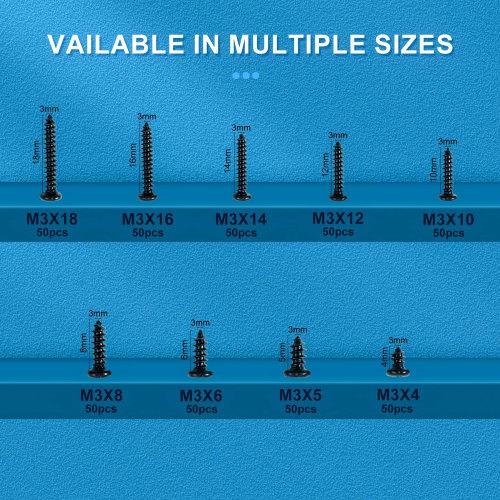 Zmbroll 450pcs Black Wood Screws, M3 Round Head, Self-Tapping Screws, Self-Drilling Metal Screw Kit, Mini Carbon Steel Electronic Screw Assortment