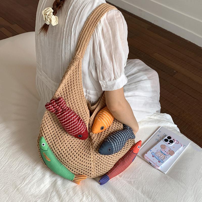 Nuova Borsa a Shopper all'Uncinetto Carina a Forma di Pesce Grande Capacità Borsa a Spalla Intrecciata Casual Multicolore Borsa Lavorata a Maglia Fatta a Mano