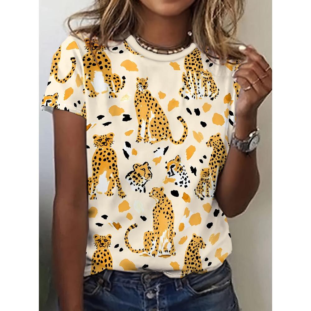 Leopard print casual style women's short sleeved round neck T-shirt