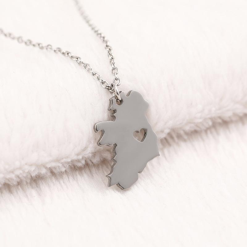 Ireland Map Pendant Necklace with Heart Stainless Steel Outline Irish Dublin Motherland Hometown Chain Clavicle Collar Choker