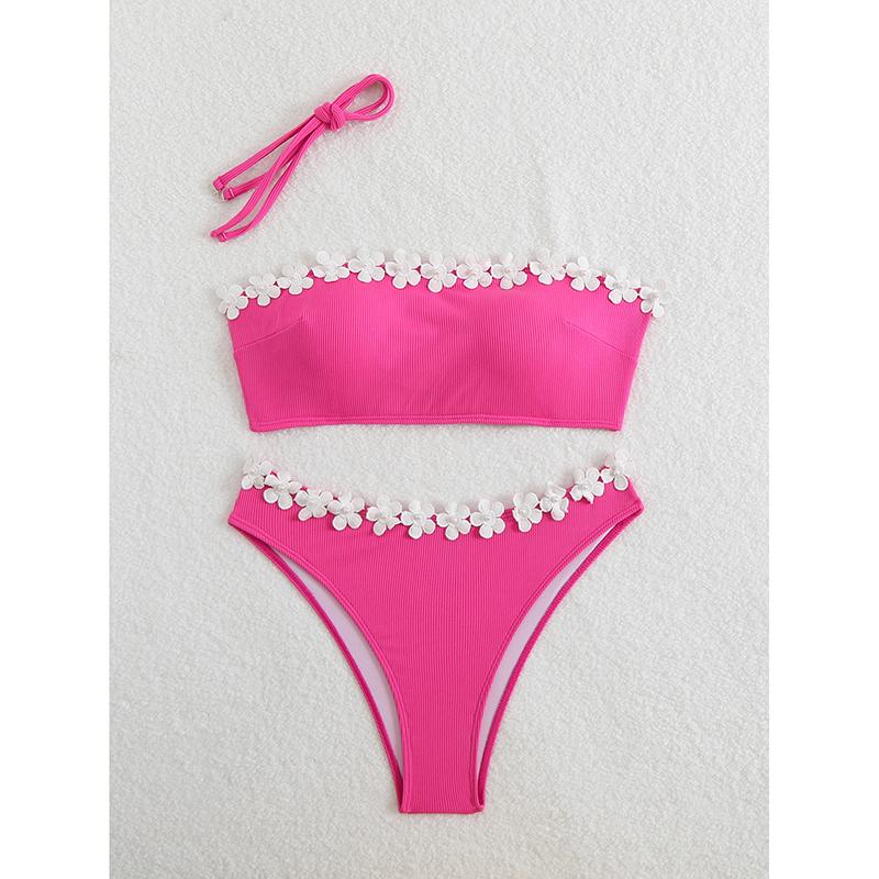 Sexy Solid Floral Strapless Bikini 2 Piece Set Women Split Swimsuit Beach New Summer Swimwear Bikinis Set