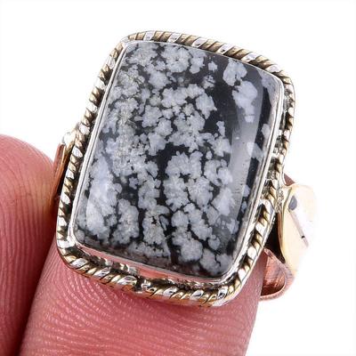 Natural Snowflake Obsidian Gemstone 925 Solid Silver Two Tone Ring S.6.5US Y3Y06