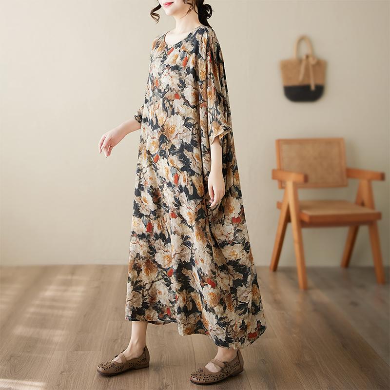 Dimanaf 2025 Summer Dress New Printing Casual Loose Floral Women Vintage Plus Size Dress O-Neck Dress Maxi