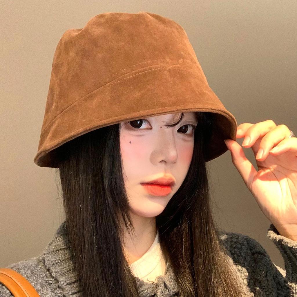 Suede Fisherman Hat Women's Maillard Retro Face Enhancing Small Bucket Versatile Head Circumference Coffee Colored