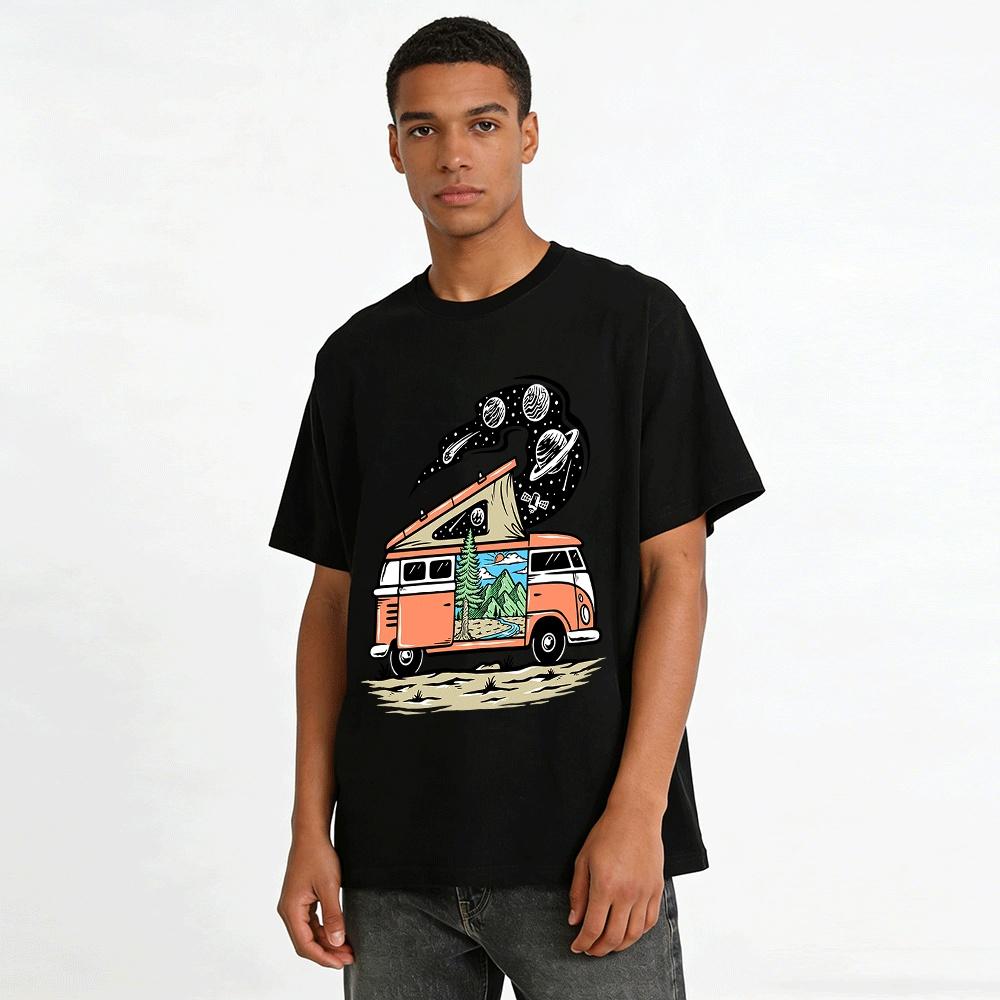 Outdoor Planet Camping Bus Print Tee Unisex Retro Casual Top Pure cotton T-shirt