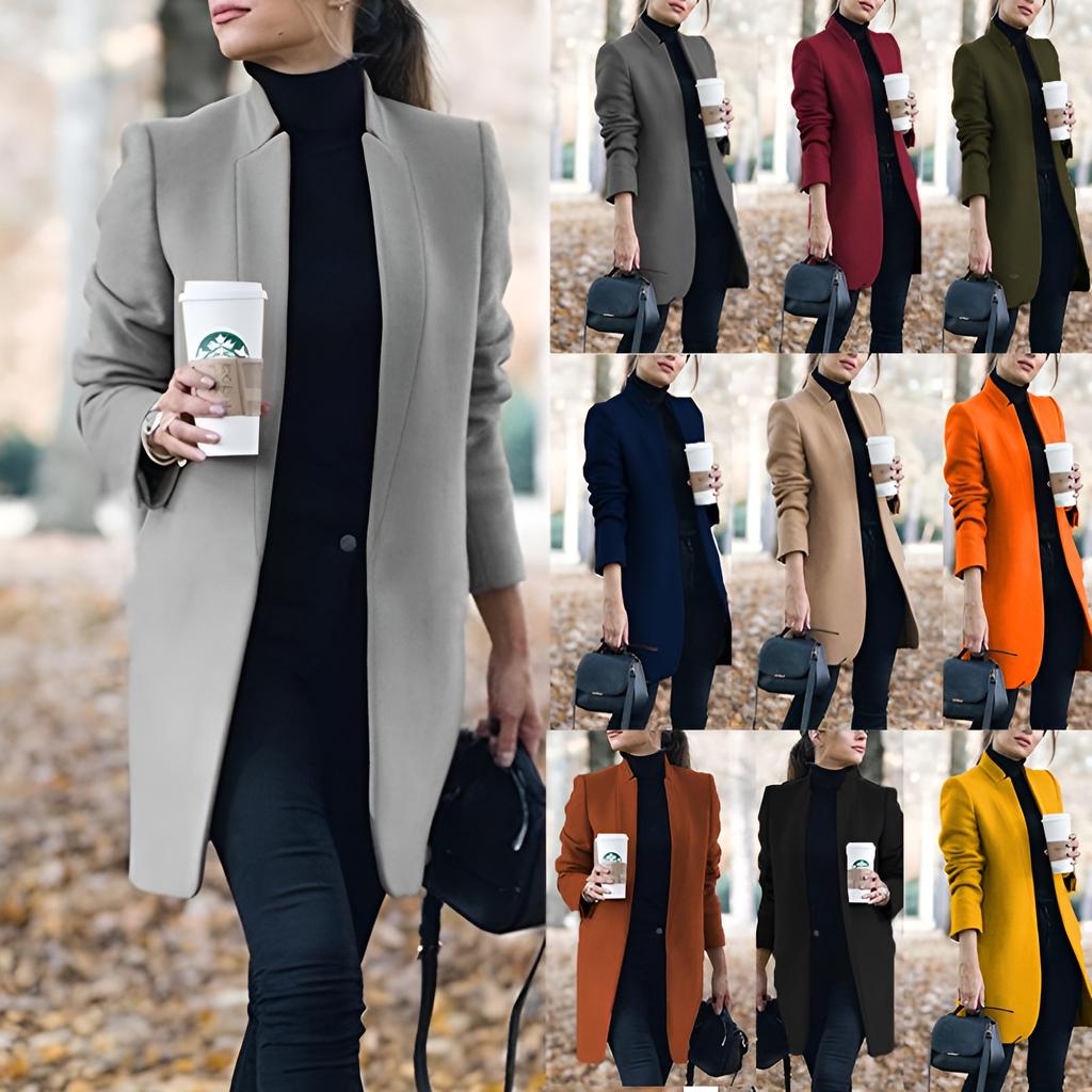 2025 Women's Stand Collar Woolen Pea Coat, Open Front Mid-Length Trench Overcoat, Winter Warm Double Breasted Blazer Style Outerwear With Solid Color