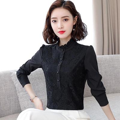 Women's Chiffon Lace Stand-Up Collar Long-Sleeve Shirt - Autumn 2022 Collection, Plus Size, Elegant Velvet-Lined Top