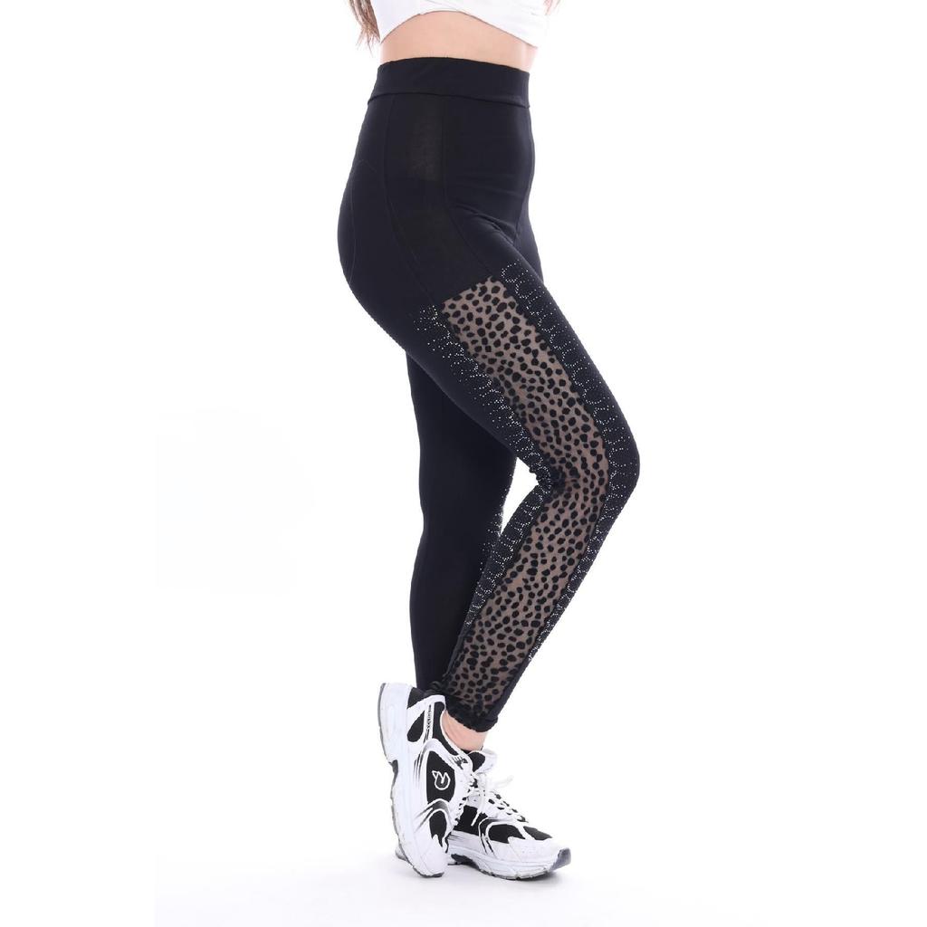 Women's Black Stone Embroidered Polka Dot Tulle Leggings