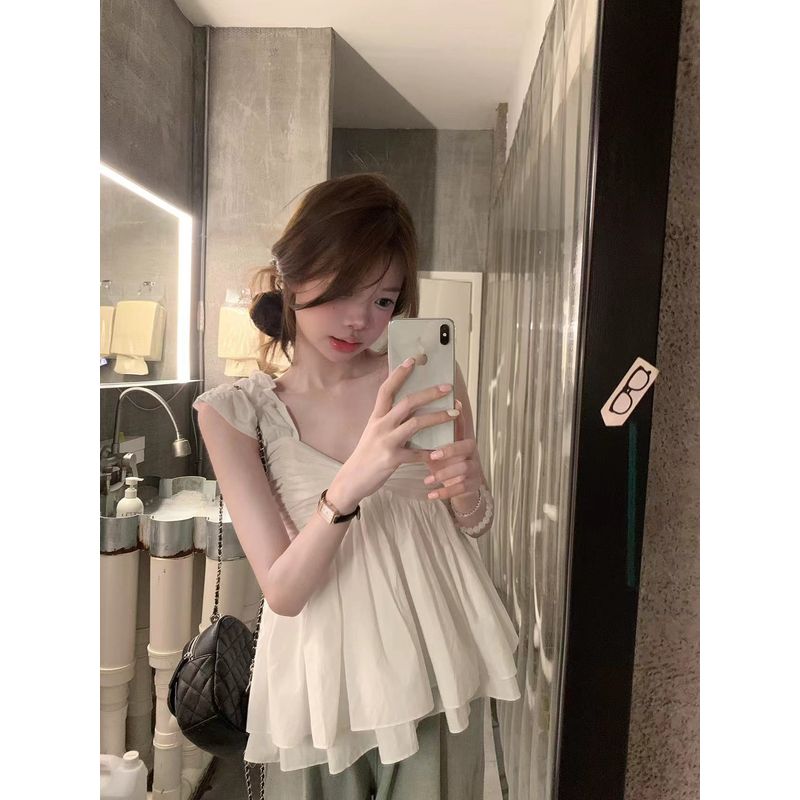 Kumikumi Gentle Temperament V-neck Pleat Cami Women Summer Age-Reducing Versatile White Slimming Top