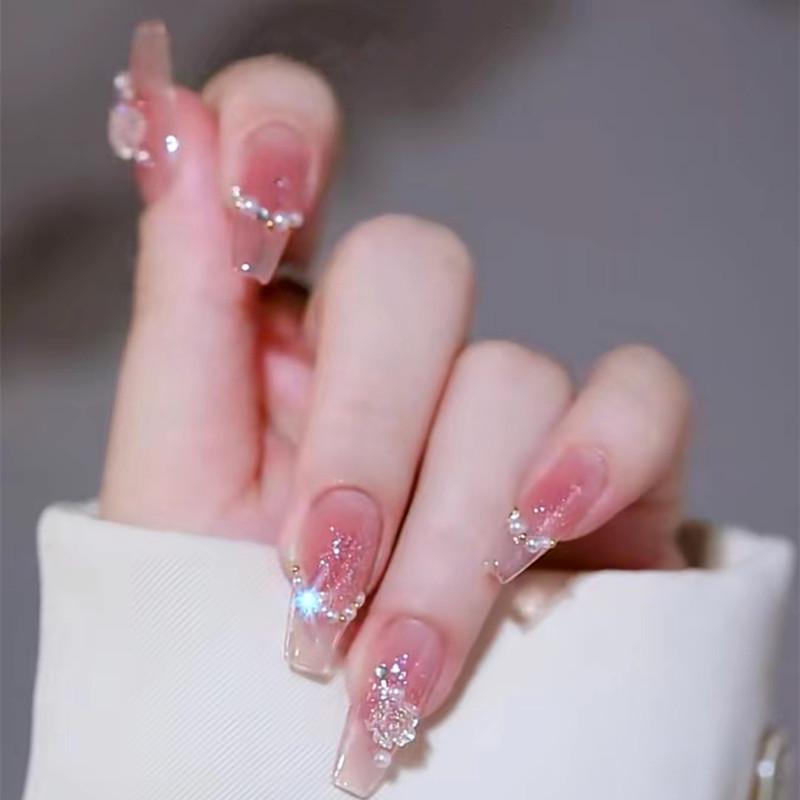 Luxurious Transparent Blush Bubble Rose Press-On Nail Set with Wearable Stickers