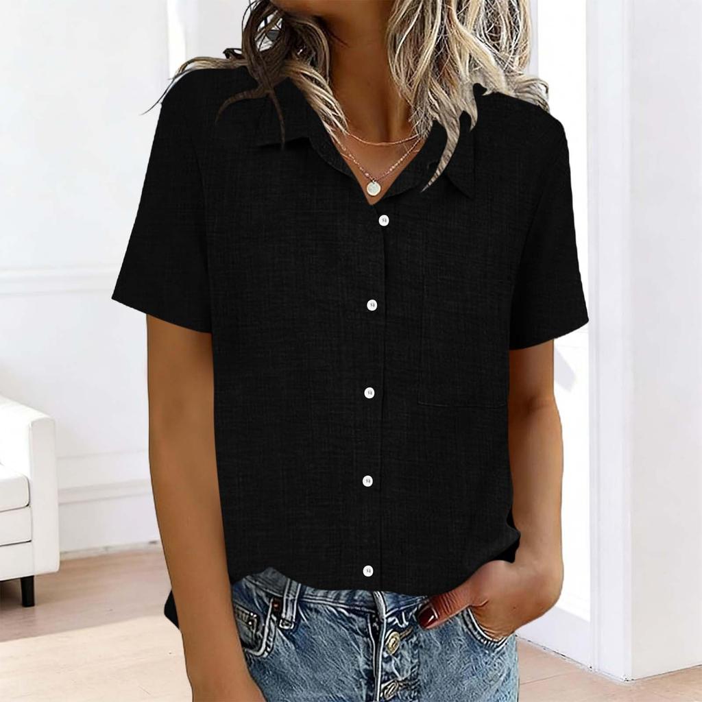 Women's Fashion  Color Standing Collar Short Sleeve Button-Up Shirt T-Shirt Top