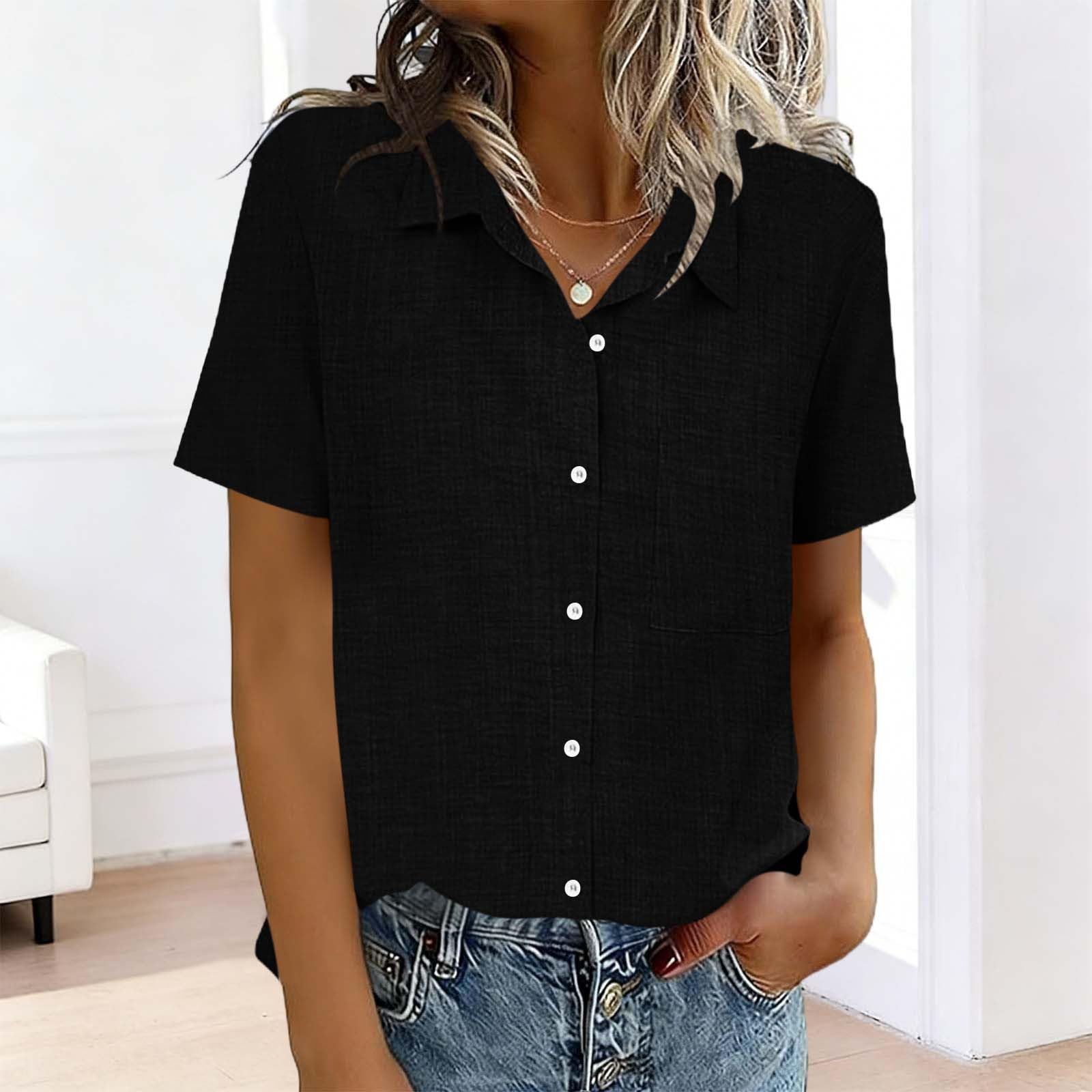 

Women s Fashion Color Standing Collar Short Sleeve Button-Up Shirt T-Shirt Top L чёрный