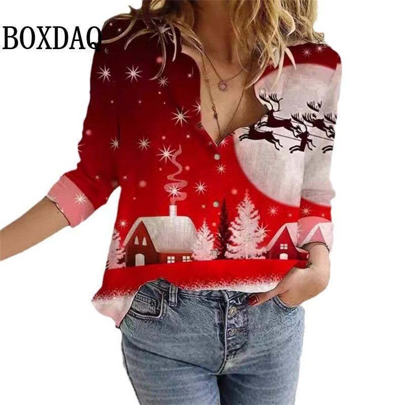 Women's Blouses Christmas 3D Printed Shirts Autumn Winter Fashion Long Sleeve Funny Cute Santa Claus Casual Button Tops
