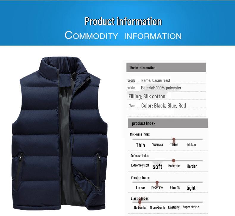 Men's Casual Loose Cotton Vest - 2021 Autumn/Winter, Stand Collar, Thick & Warm