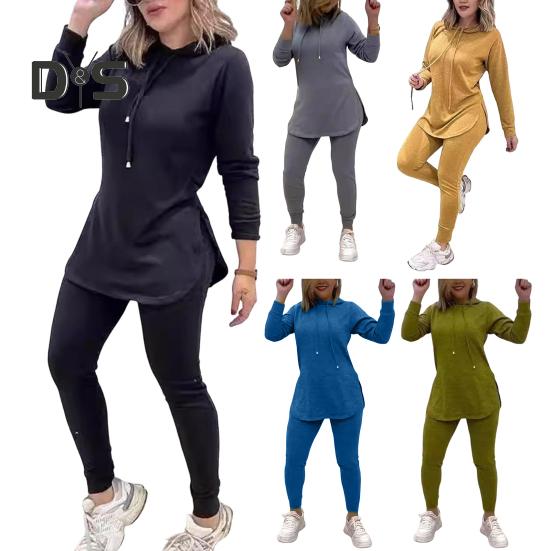 2 ks/sada Dámské Top Kalhoty Set S kapucí Dlouhé Rukávy Jednobarevná Mikina s rozparkem Elastický pas Slim Fit Kalhoty Sportovní outfit Podzim Jarní tepláková souprava