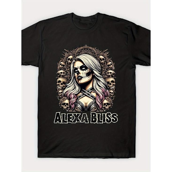 Men S Alexa Bliss Queen of the Damned Gothic Wrestling T-Shirt - Heavyweight 223gsm Black Tee with White Skull & Alexa Bliss Lettering, Inspired Fan S чёрный