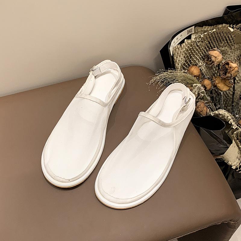 

2025 новые летние сетчатые туфли женские высокого класса с круглым носком дышащие тапочки-мешки одно слово с плоскими сандалиями женские 35 белый