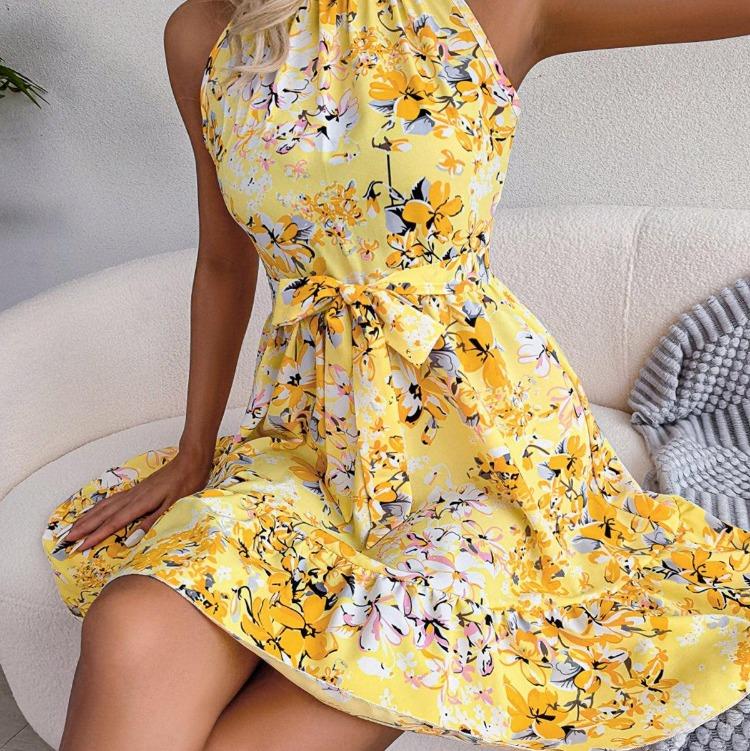 Summer Floral Halter Neck Sleeveless Ruffled Lace Up A Line Short Dress Women Spring S XXL Temperament